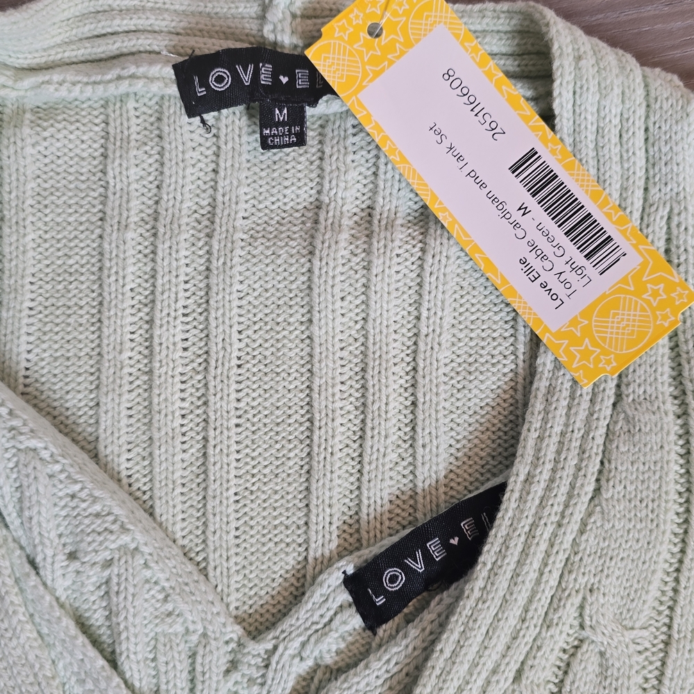 Girls Light Green V-Neck Sweater And Tank Set